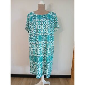 Teal White Damask Print Shift Dress Short Sleeve Round Neck Knee Length